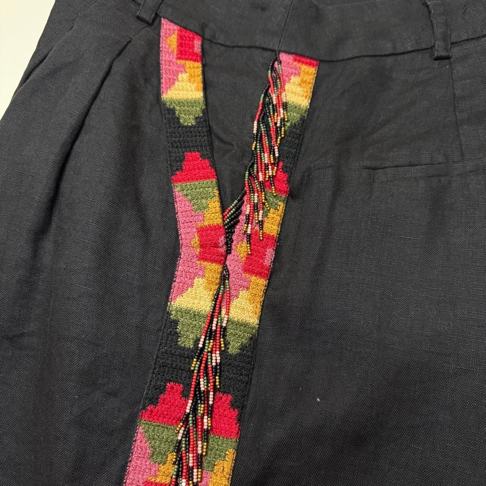 Farm Rio | Carrot Fringe Tailored Linen Embroidered Pants | Black | Size M - Picture 6 of 15